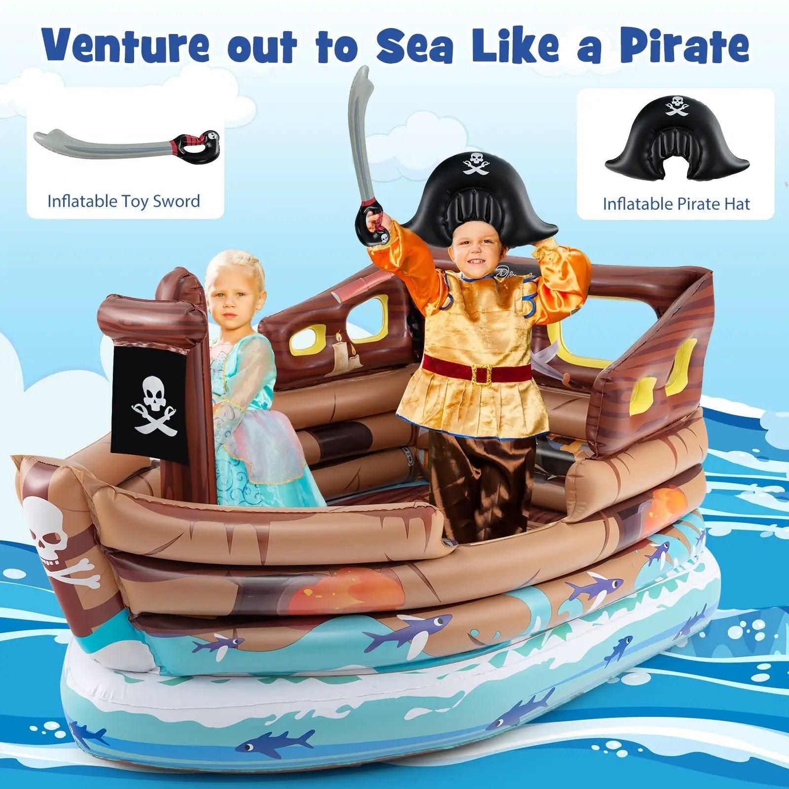 Inflatable Pirate Ship Playhouse with Built-in Motor and Inflatable Toy Sword-Brown by DirectDeals