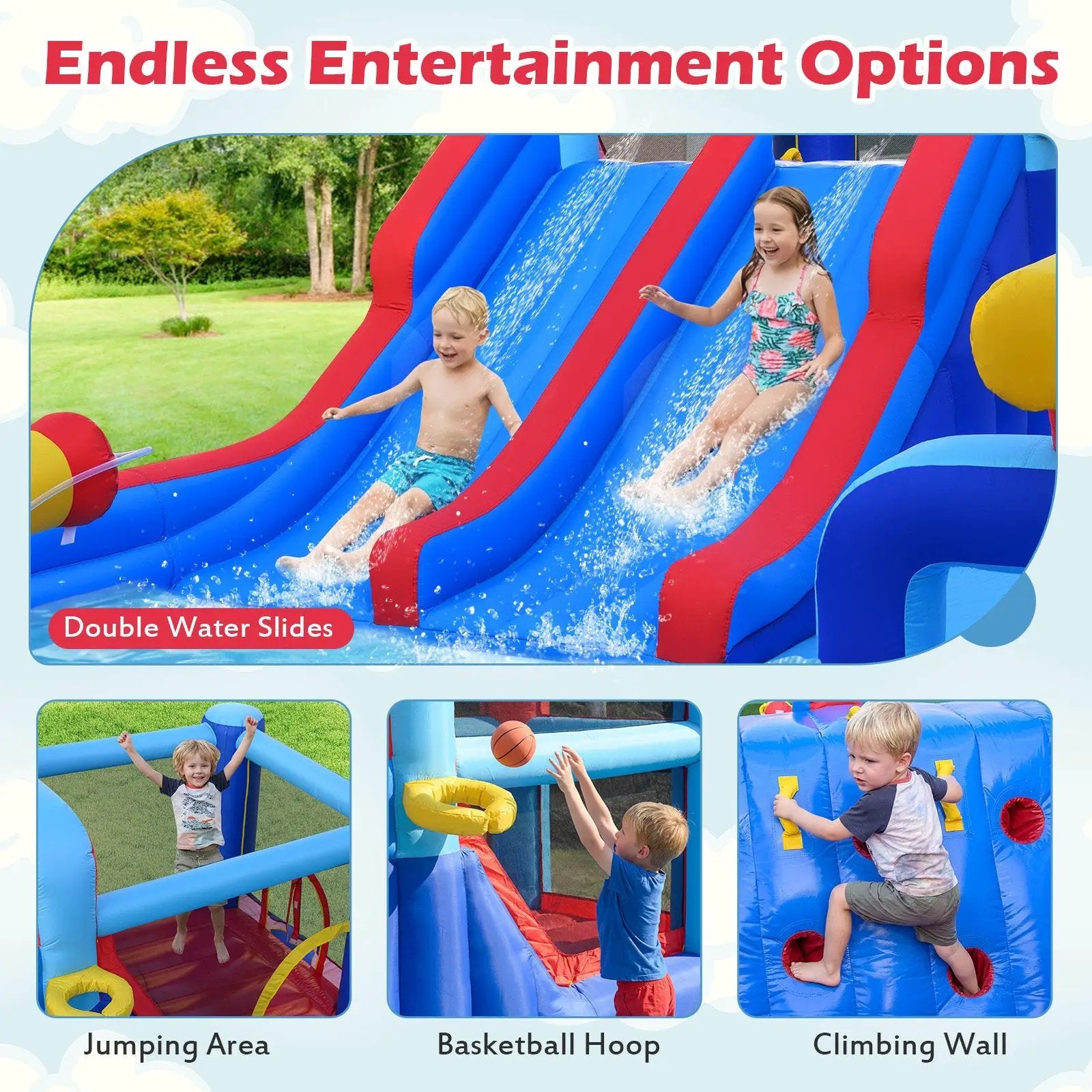 Inflatable Water Slide Park Giant Bounce House with Double Slides with 750W blower by DirectDeals