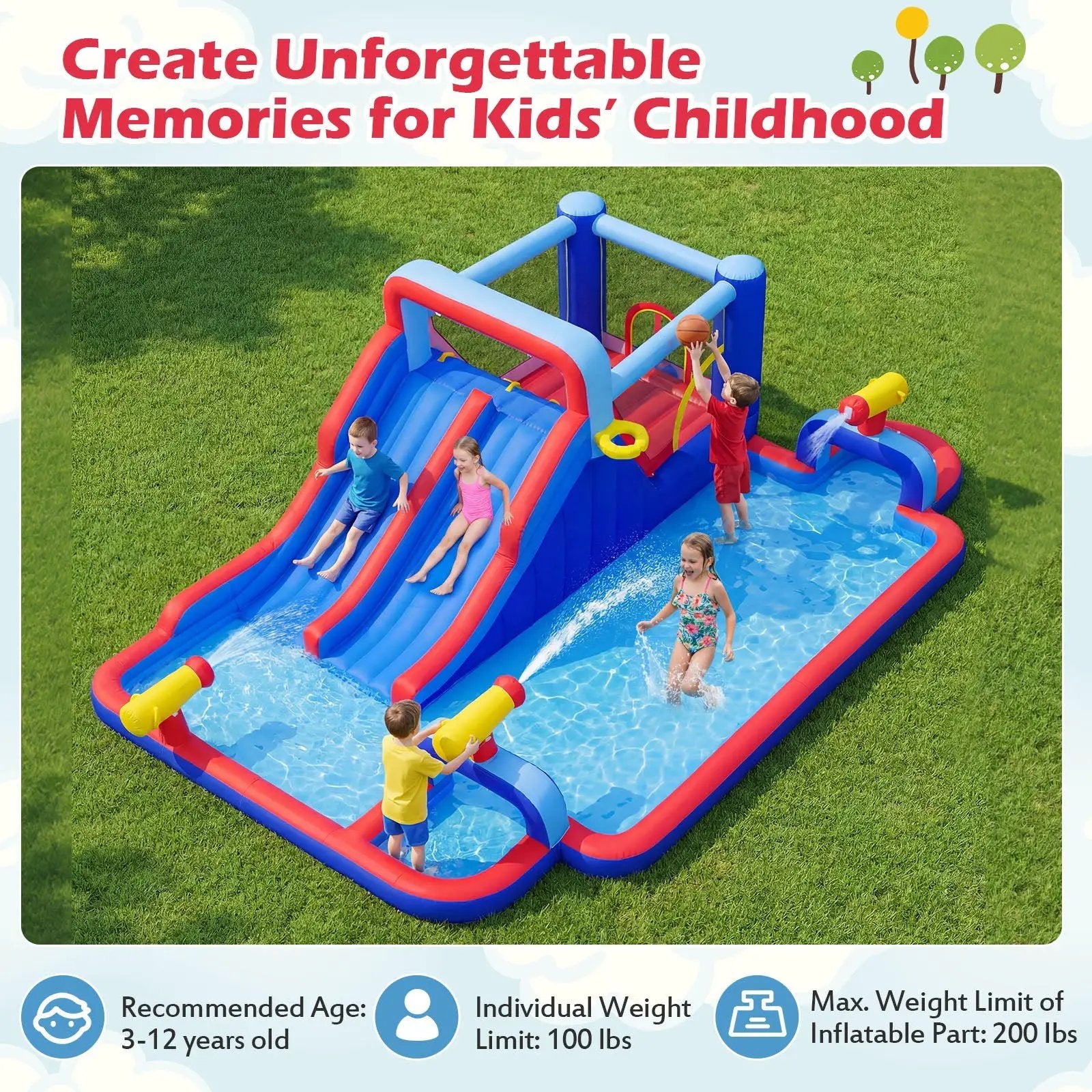 Inflatable Water Slide Park Giant Bounce House with Double Slides with 750W blower by DirectDeals