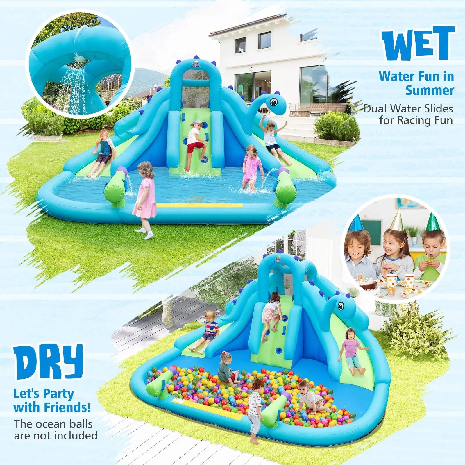 Inflatable Water Slide with Dual Slides and Large Splash Pool and Carry Bag (with 584W Blower) by DirectDeals