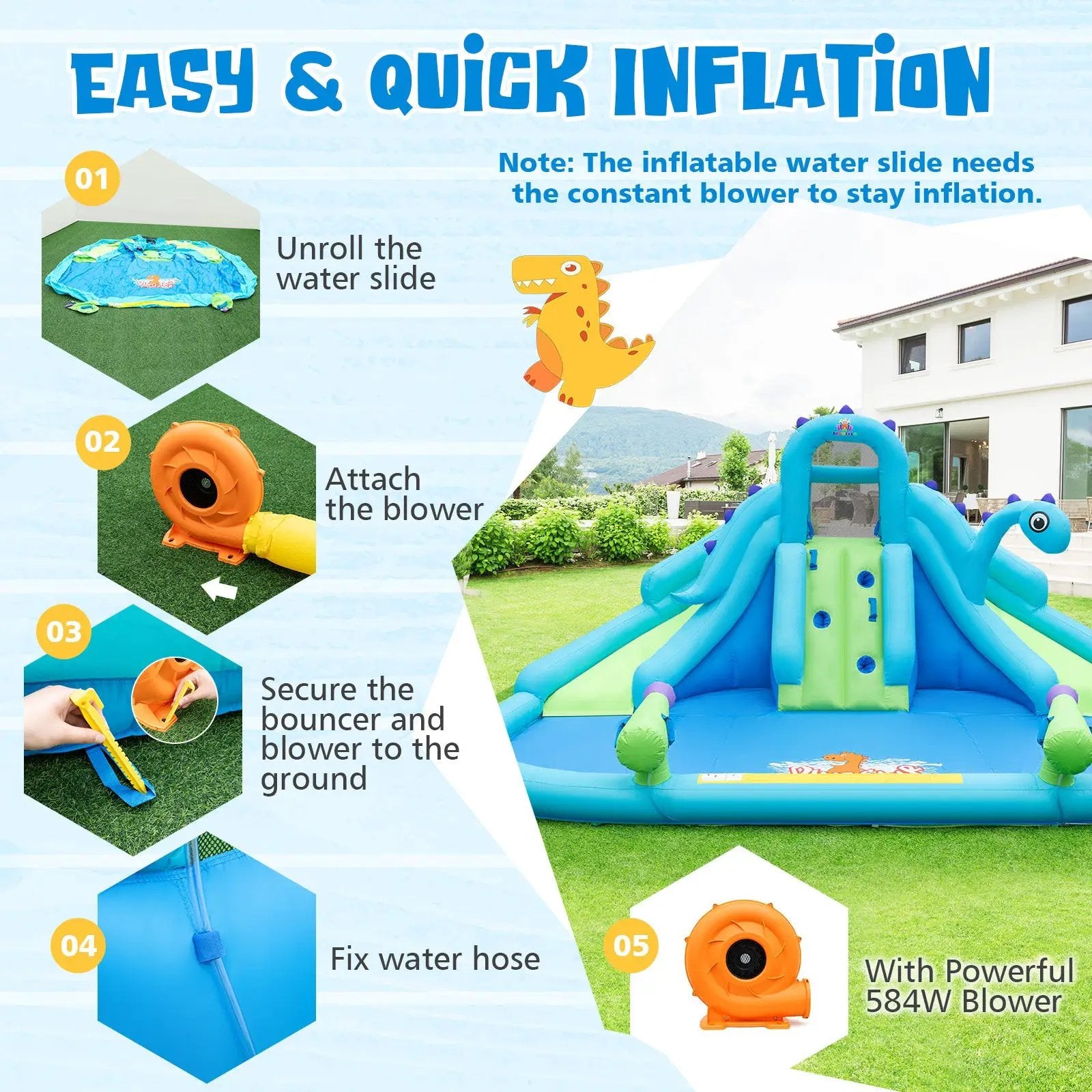 Inflatable Water Slide with Dual Slides and Large Splash Pool and Carry Bag (with 584W Blower) by DirectDeals