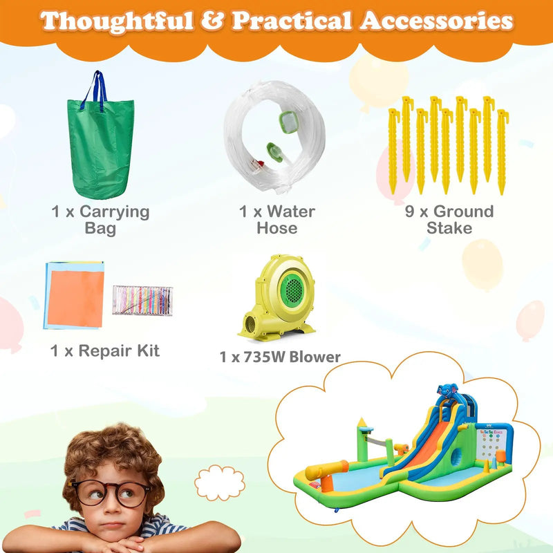 Inflatable Water Slide Giant Water Park 9-In-1 for Kids Backyard Fun with 735W Blower by DirectDeals