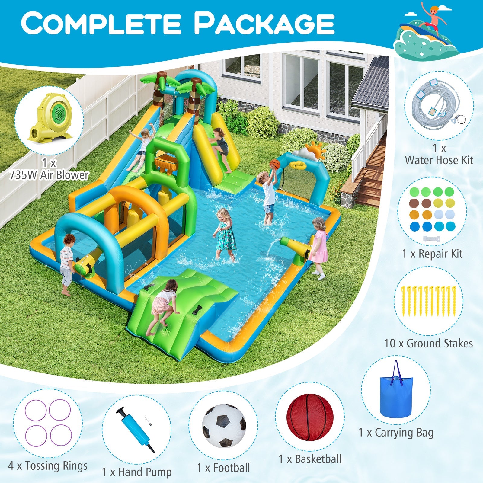 Inflatable Water Slide Tropical Theme Dual Slide Aqua Park with 735W Blower by DirectDeals