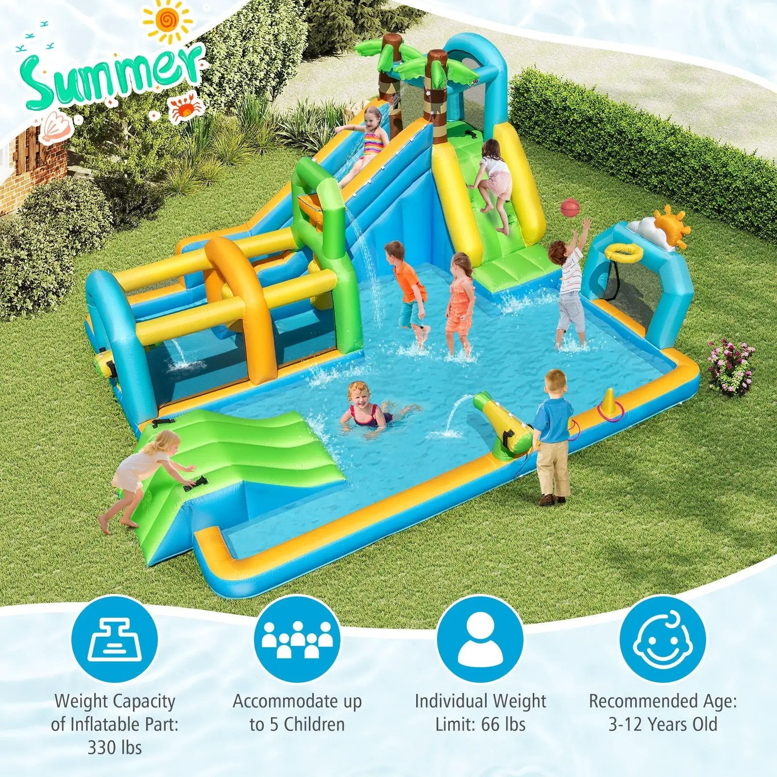 Inflatable Water Slide Tropical Theme Dual Slide Aqua Park with 750W Blower by DirectDeals