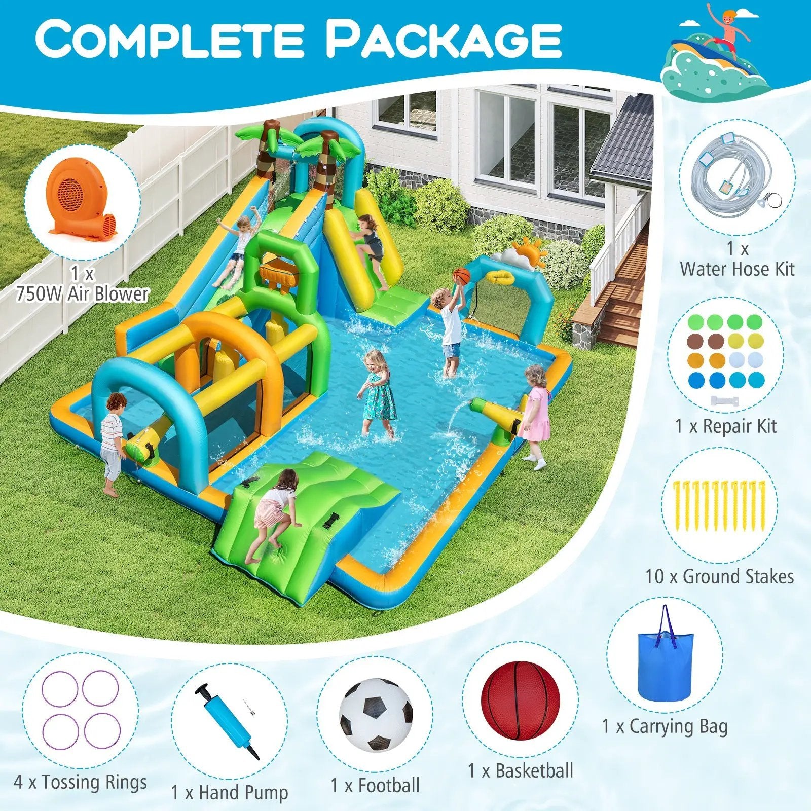 Inflatable Water Slide Tropical Theme Dual Slide Aqua Park with 750W Blower by DirectDeals