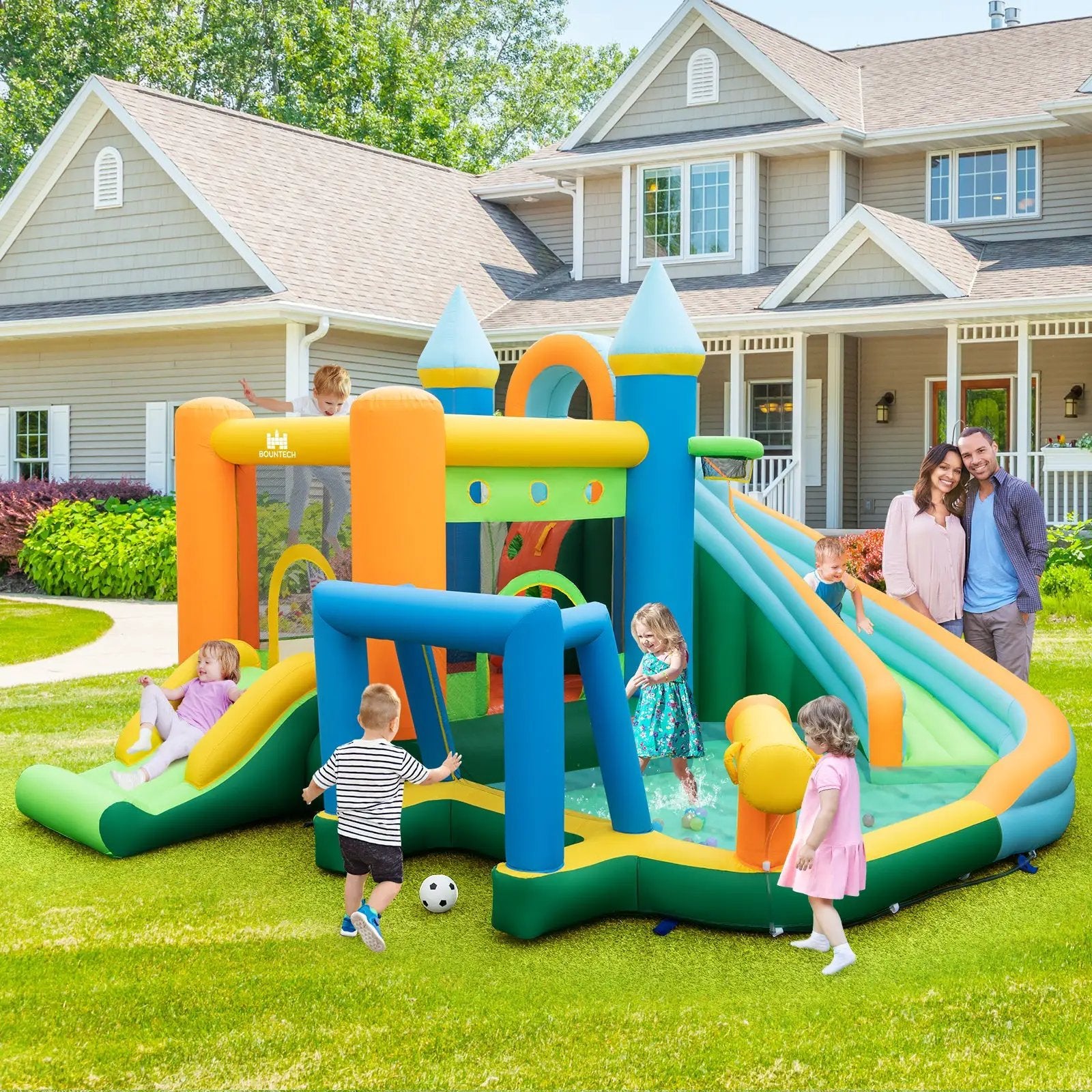 Inflatable Water Slide with Dual Slides and Splash Pool Bounce House with 735W Blower by DirectDeals