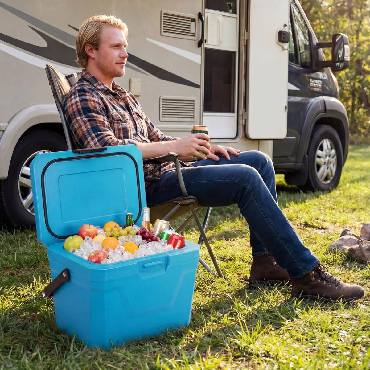 Insulated Portable Cooler Hard Shell Ice Chest with 2 Cup Holders by DirectDeals