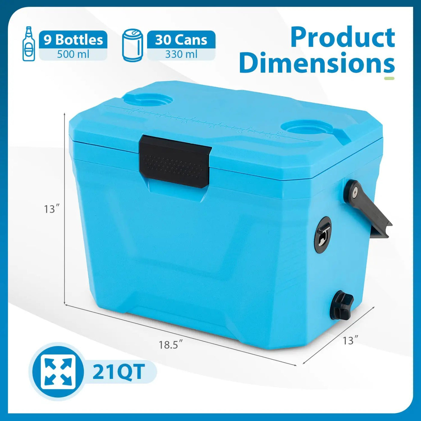 Insulated Portable Cooler Hard Shell Ice Chest with 2 Cup Holders by DirectDeals