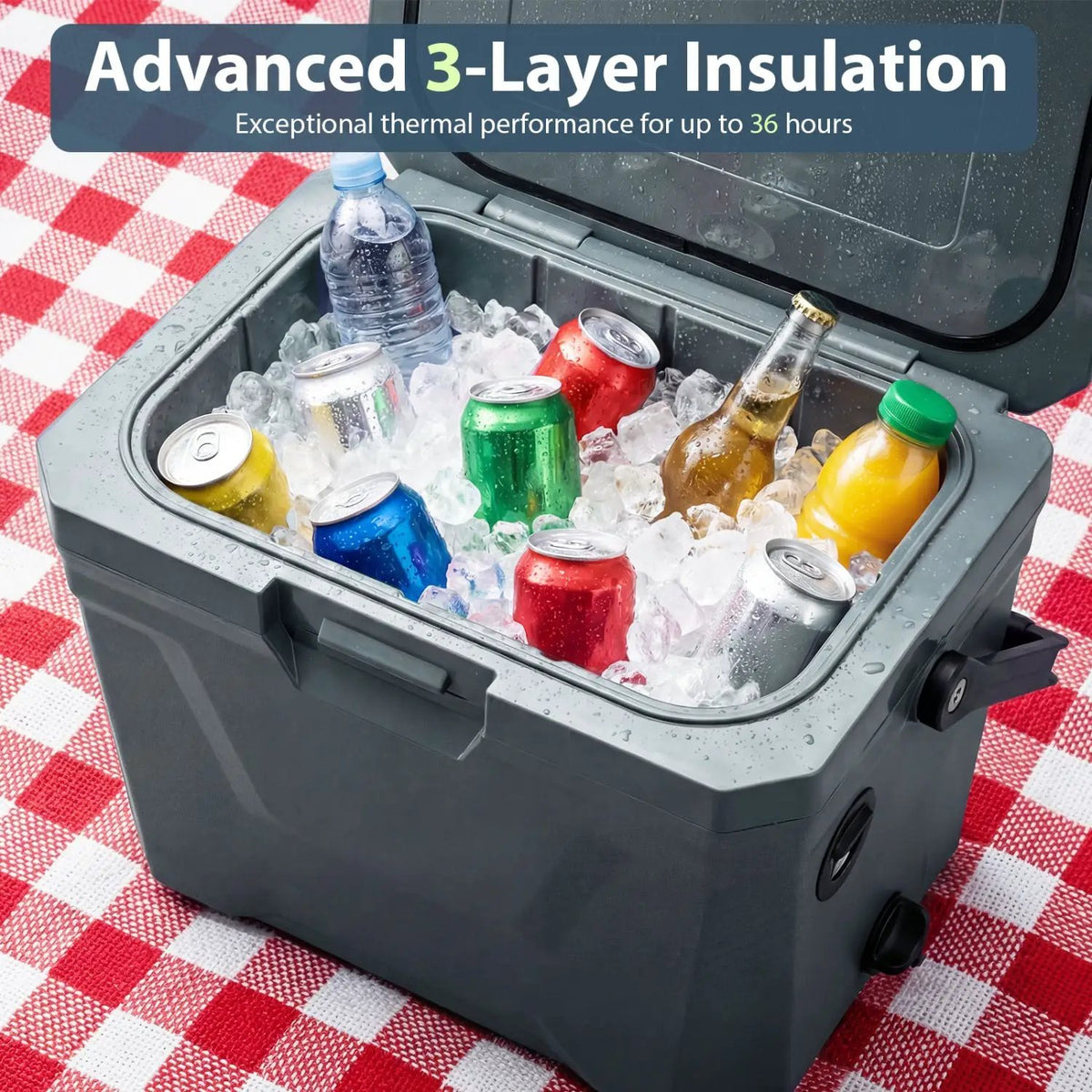 Insulated Portable Cooler Hard Shell Ice Chest with 2 Cup Holders by DirectDeals