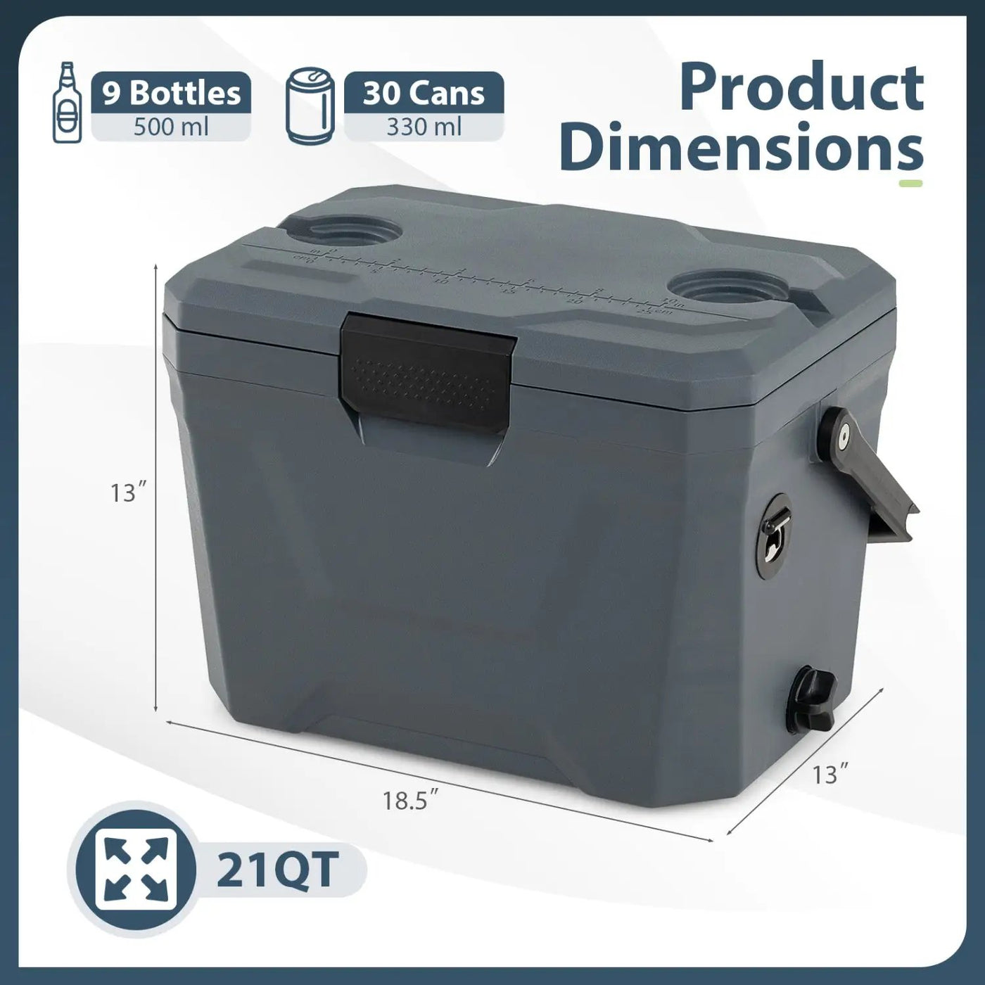 Insulated Portable Cooler Hard Shell Ice Chest with 2 Cup Holders by DirectDeals