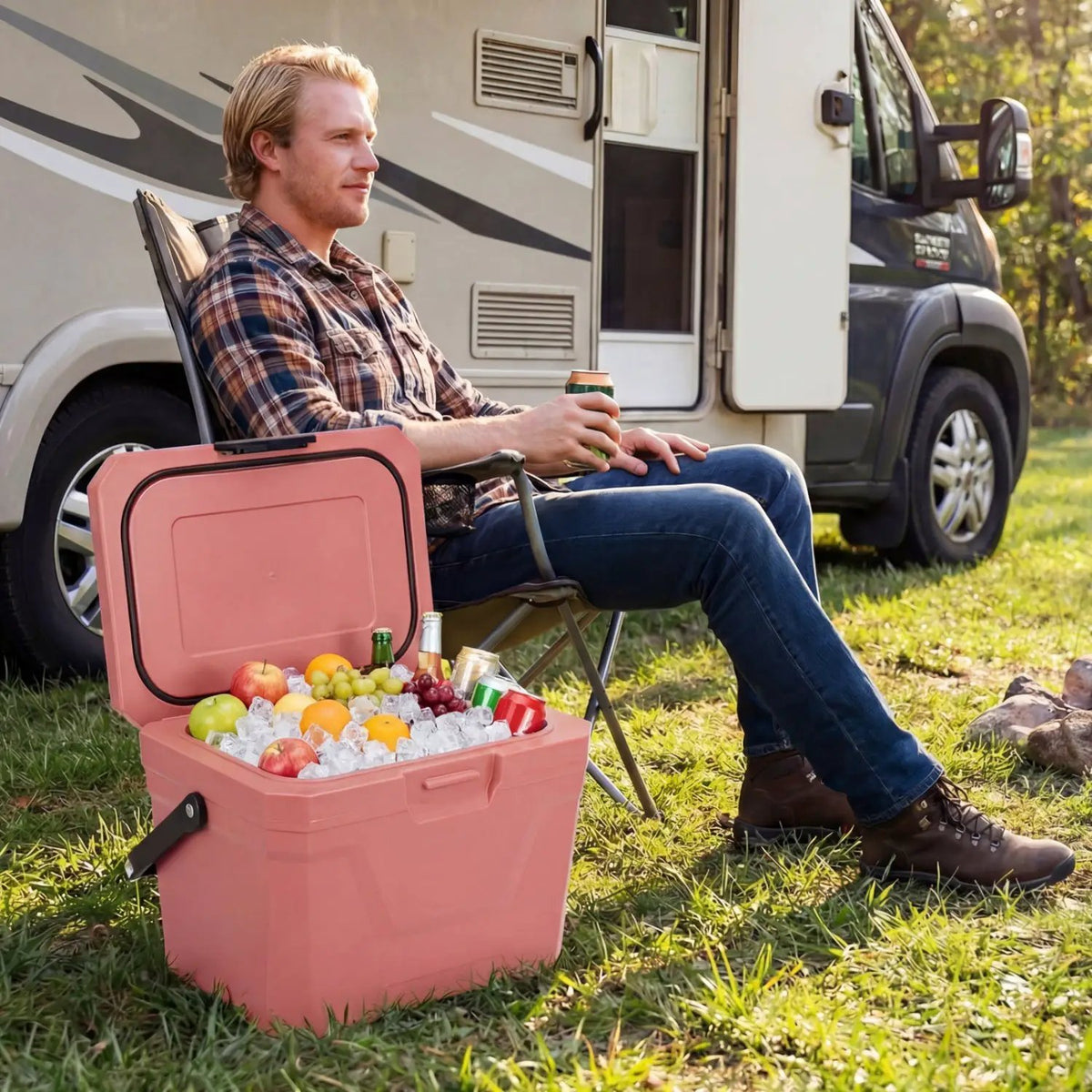Insulated Portable Cooler Hard Shell Ice Chest with 2 Cup Holders by DirectDeals