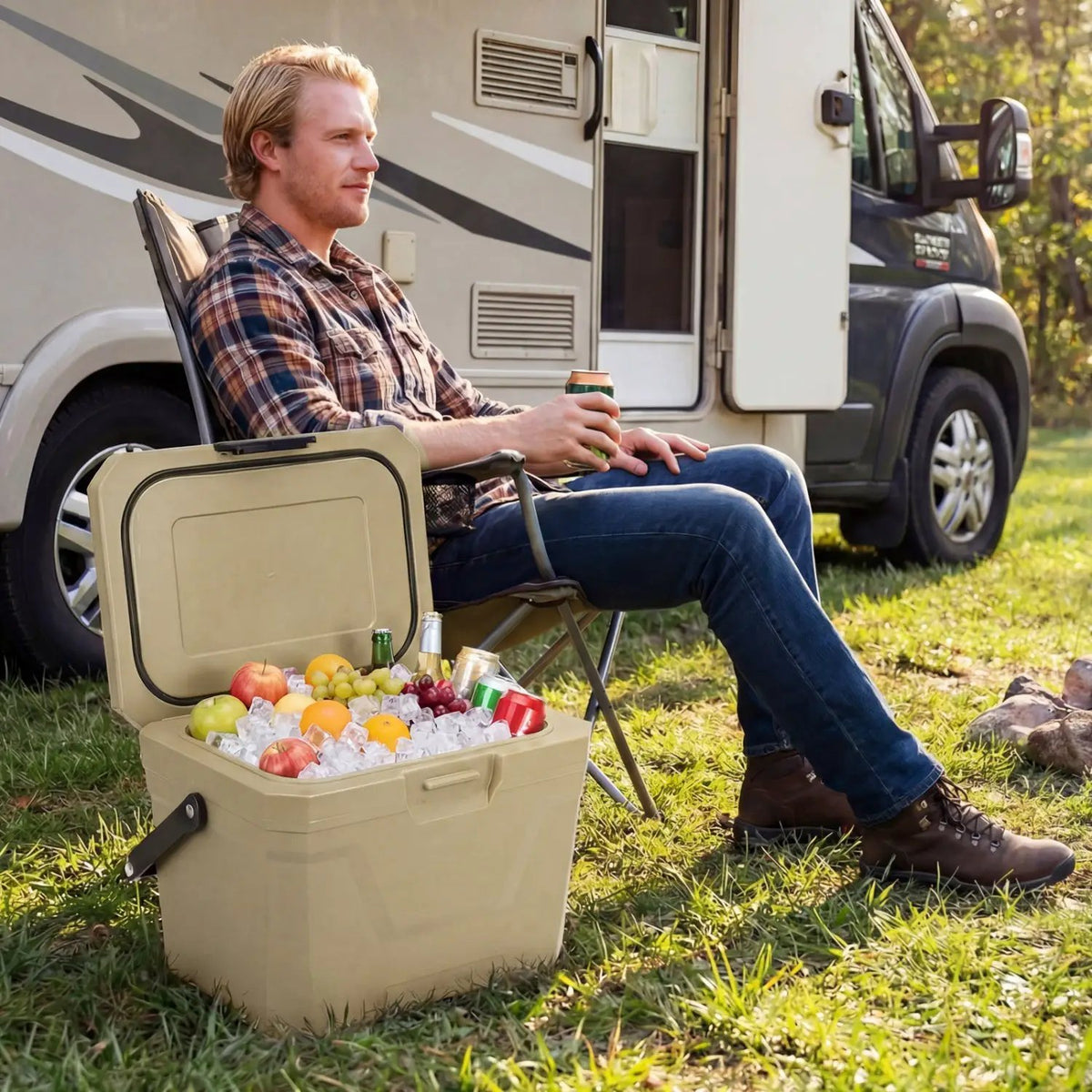 Insulated Portable Cooler Hard Shell Ice Chest with 2 Cup Holders by DirectDeals