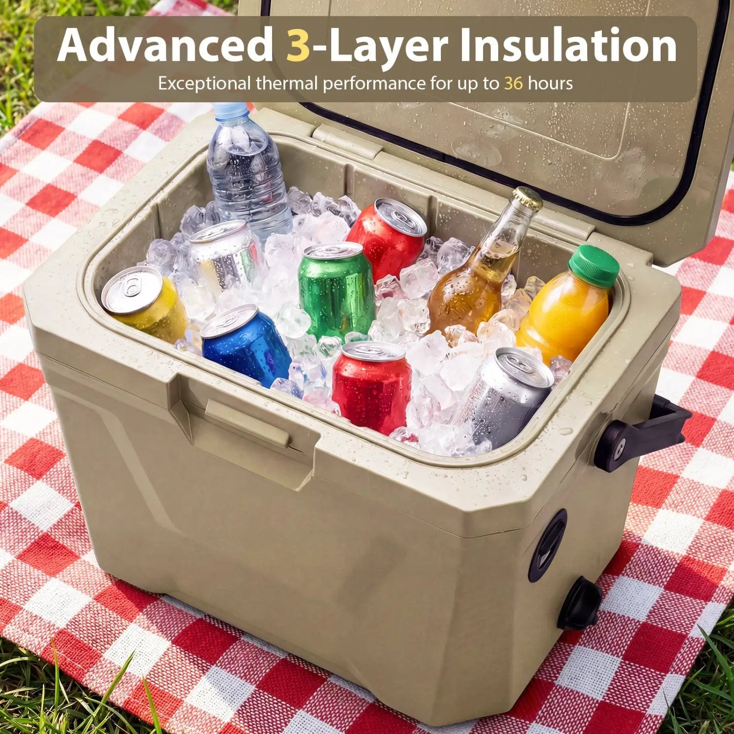 Insulated Portable Cooler Hard Shell Ice Chest with 2 Cup Holders by DirectDeals