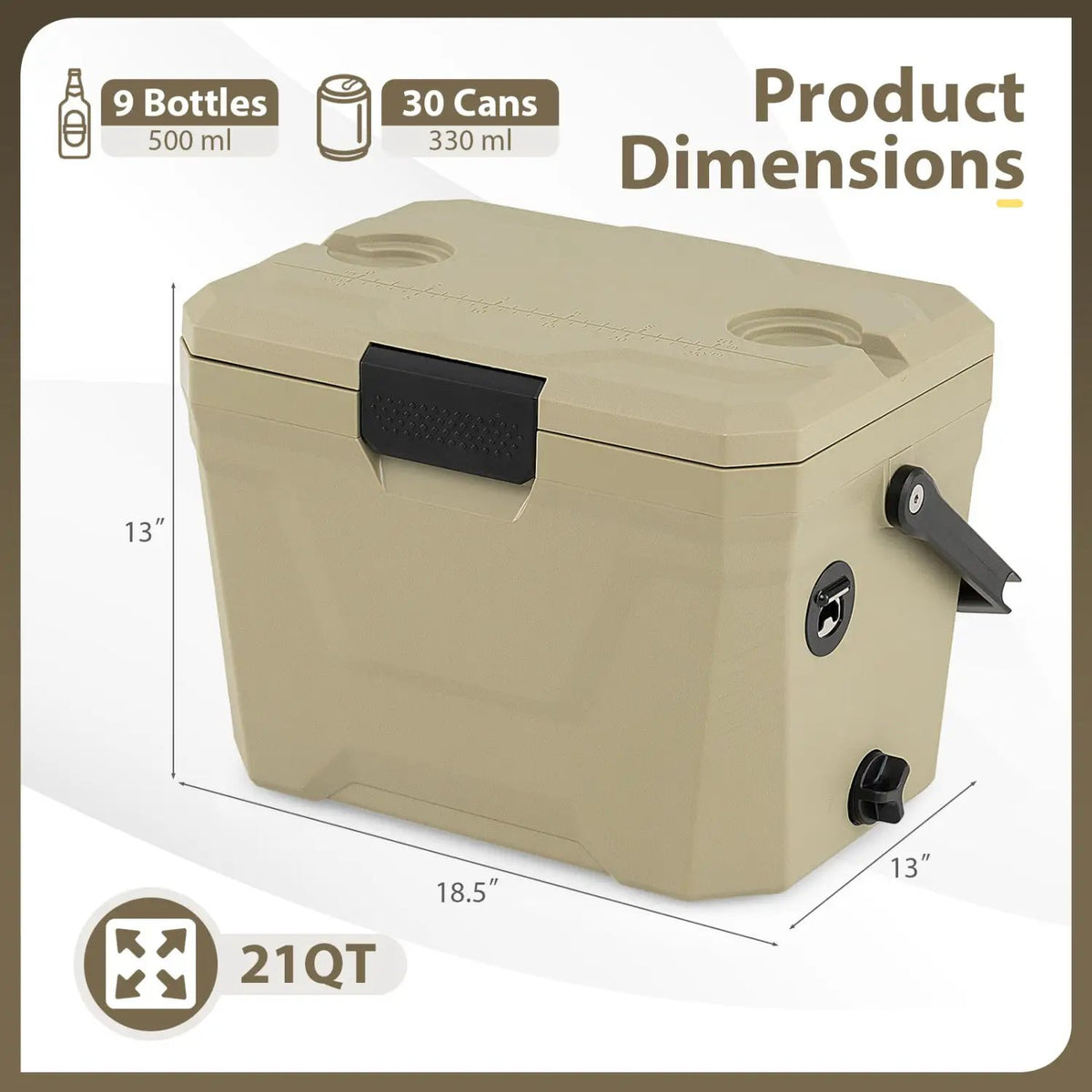 Insulated Portable Cooler Hard Shell Ice Chest with 2 Cup Holders by DirectDeals