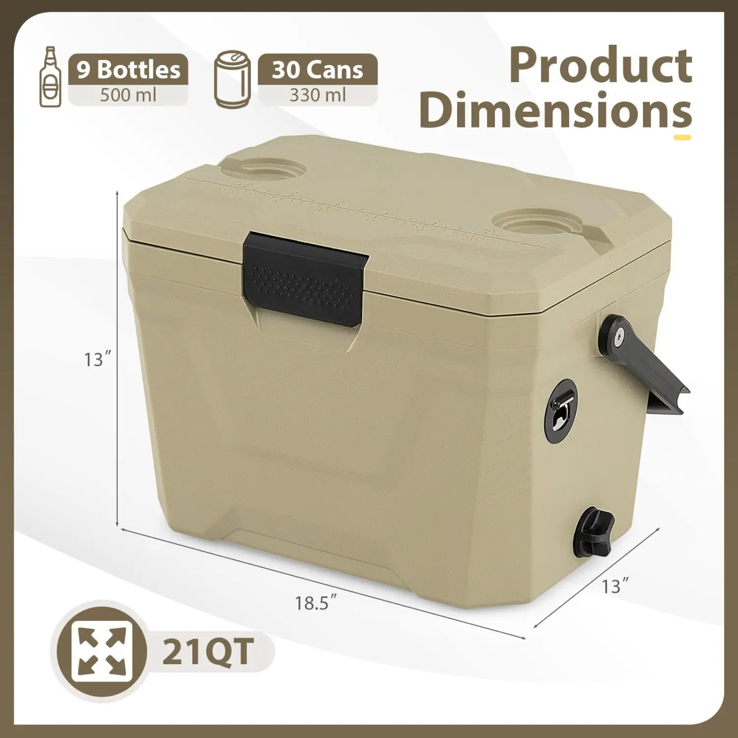 Insulated Portable Cooler Hard Shell Ice Chest with 2 Cup Holders by DirectDeals