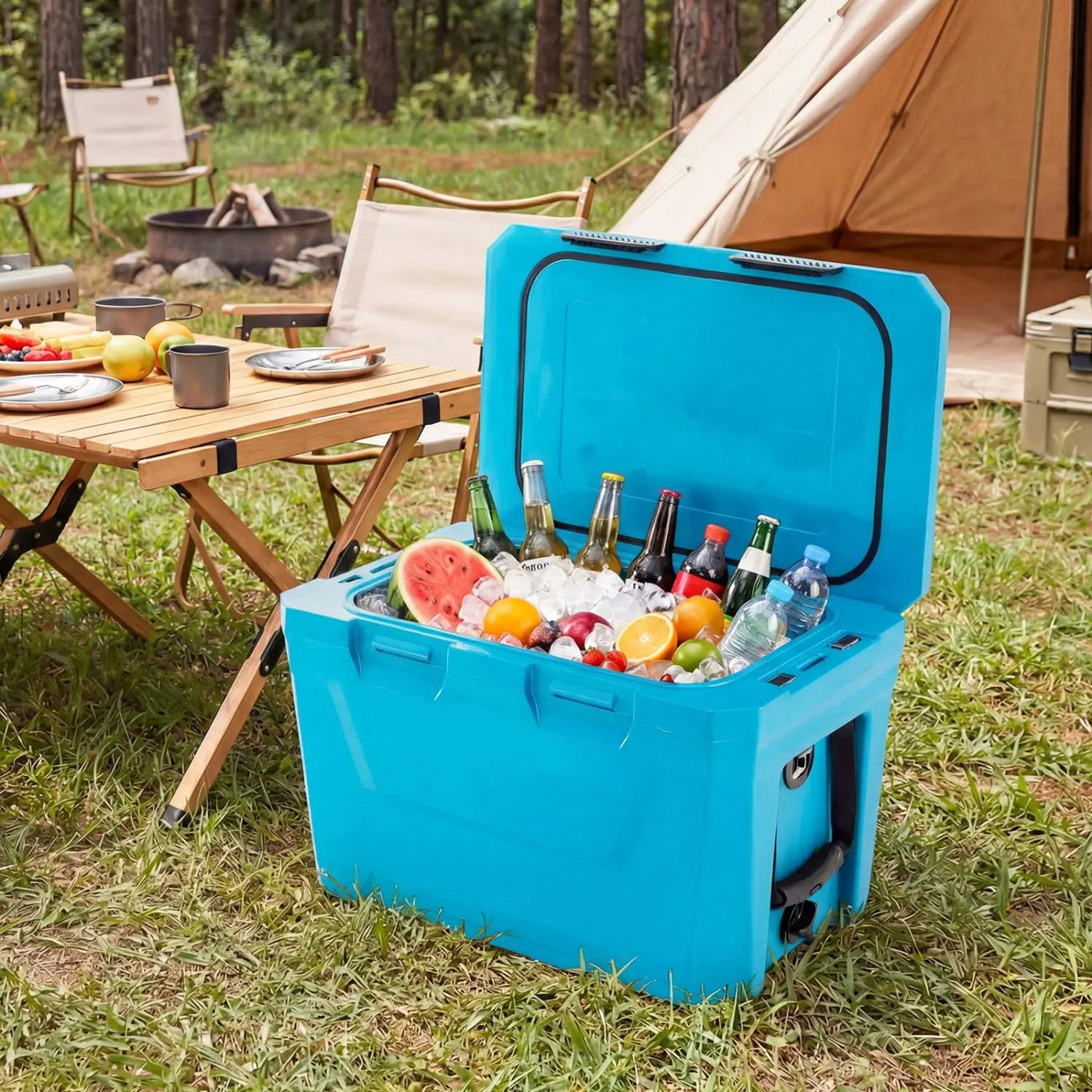 Insulated Portable Cooler Hard Shell Ice Chest with 2 Cup Holders Bottle Opener and Drain Plug by DirectDeals