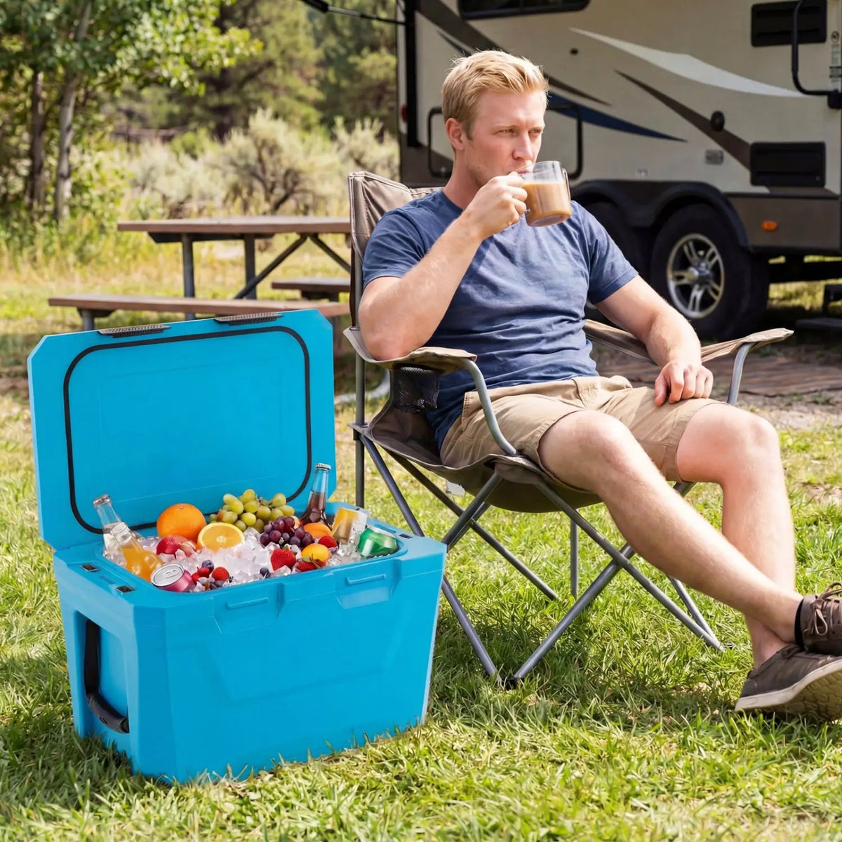 Insulated Portable Cooler Hard Shell Ice Chest with 2 Cup Holders Bottle Opener and Drain Plug by DirectDeals