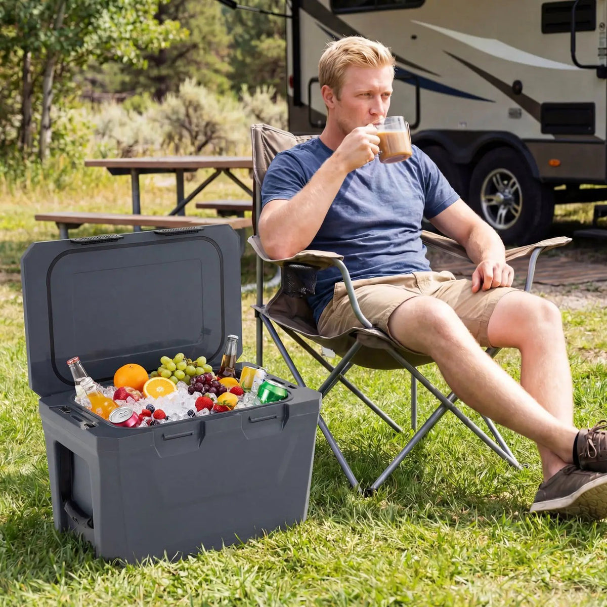 Insulated Portable Cooler Hard Shell Ice Chest with 2 Cup Holders Bottle Opener and Drain Plug by DirectDeals