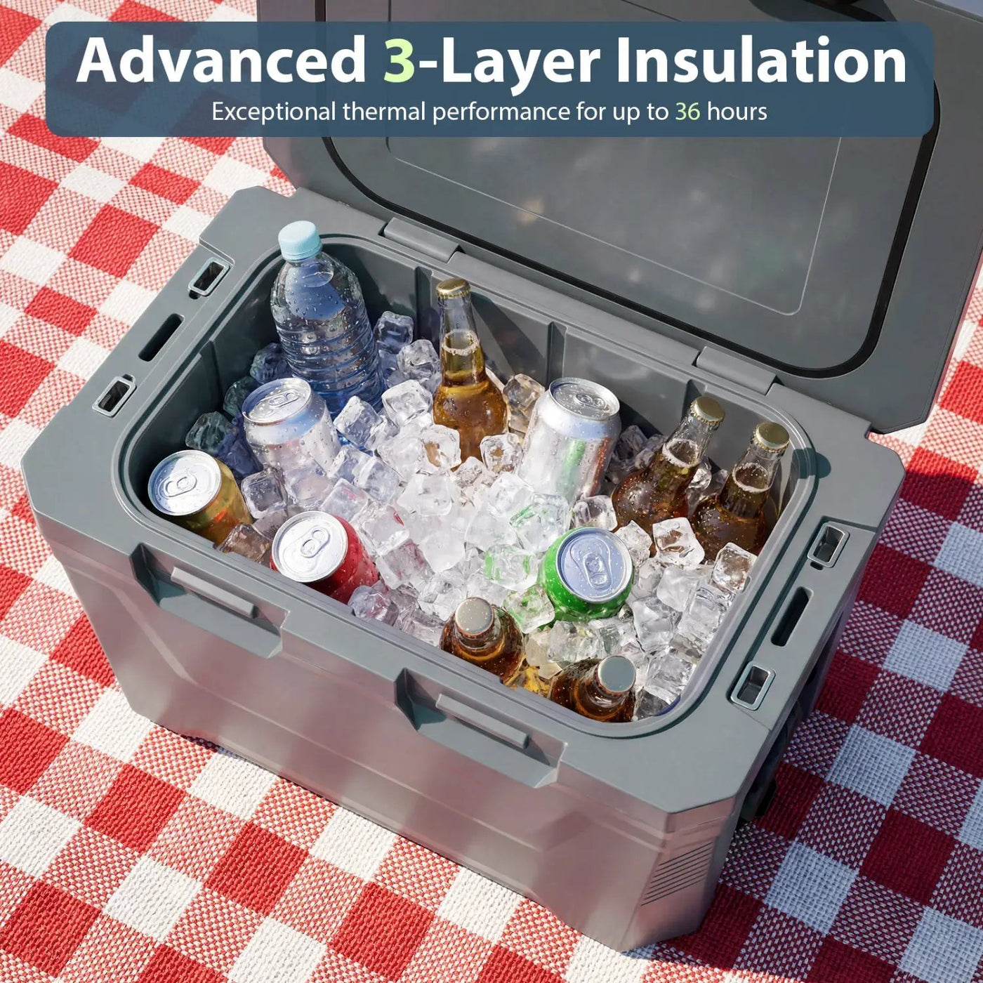 Insulated Portable Cooler Hard Shell Ice Chest with 2 Cup Holders Bottle Opener and Drain Plug by DirectDeals