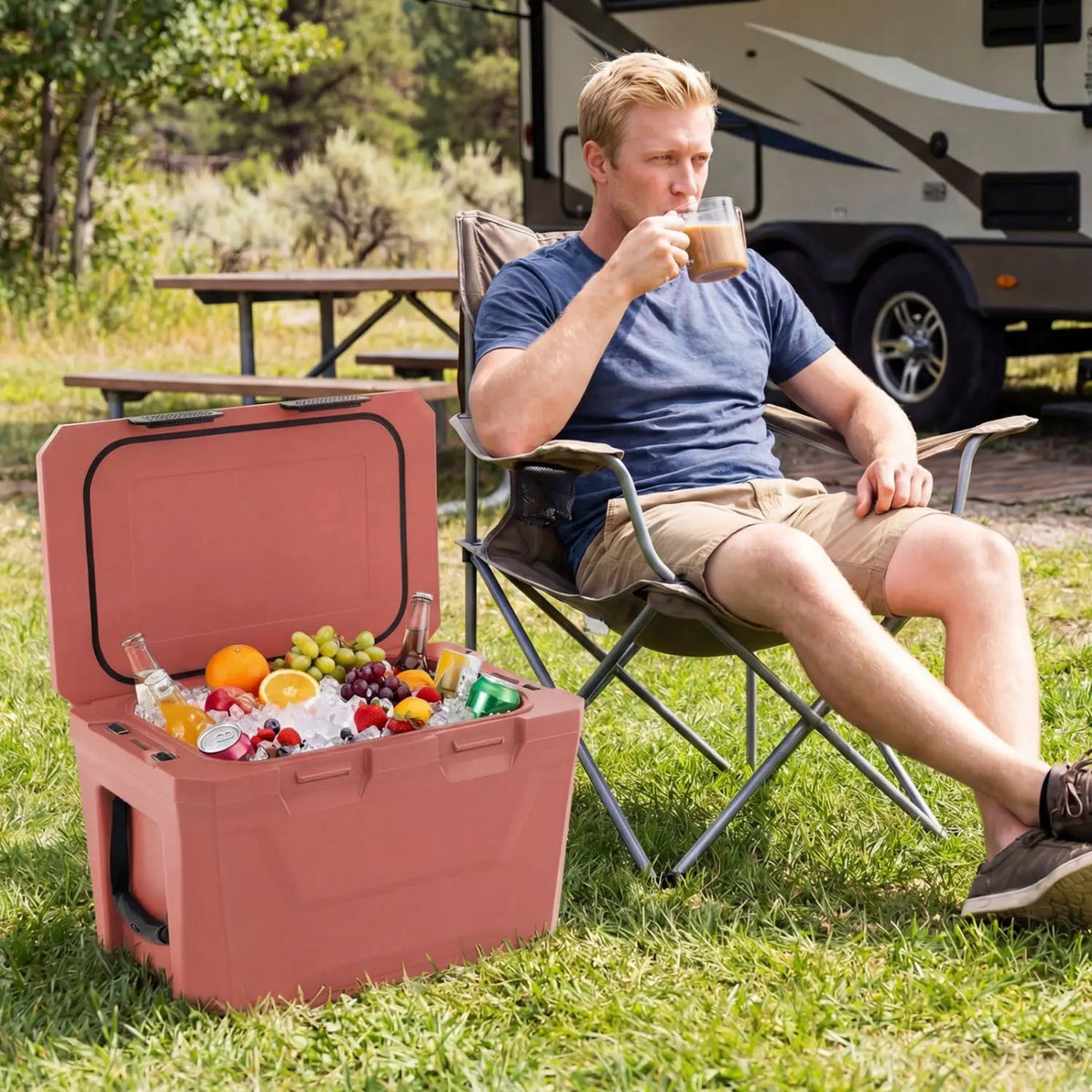 Insulated Portable Cooler Hard Shell Ice Chest with 2 Cup Holders Bottle Opener and Drain Plug by DirectDeals