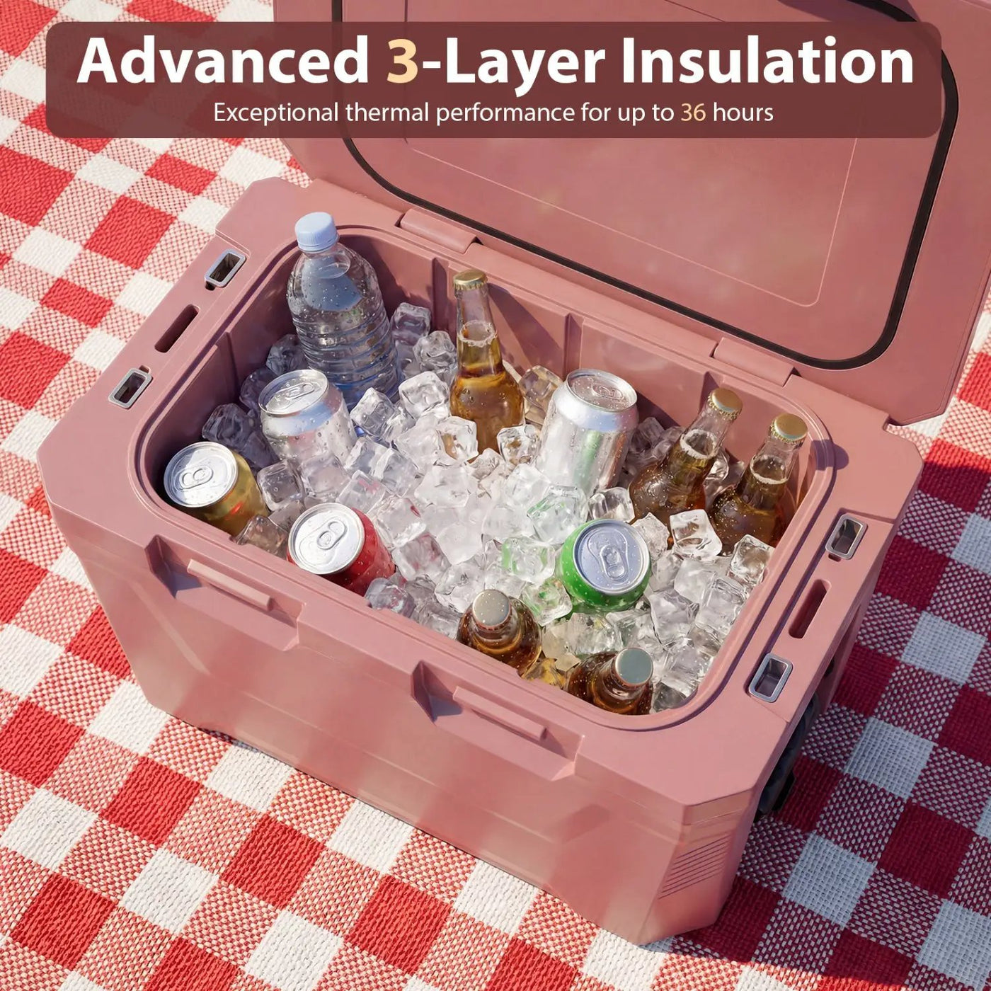 Insulated Portable Cooler Hard Shell Ice Chest with 2 Cup Holders Bottle Opener and Drain Plug by DirectDeals