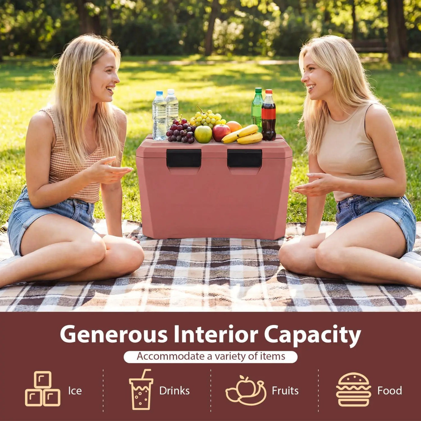 Insulated Portable Cooler Hard Shell Ice Chest with 2 Cup Holders Bottle Opener and Drain Plug by DirectDeals