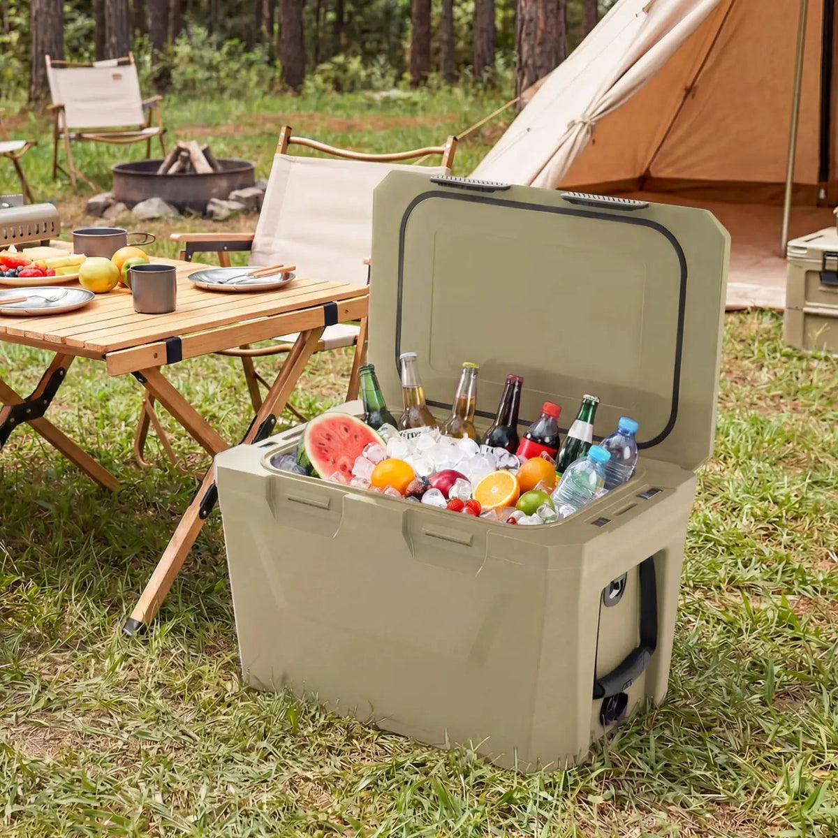 Insulated Portable Cooler Hard Shell Ice Chest with 2 Cup Holders Bottle Opener and Drain Plug by DirectDeals