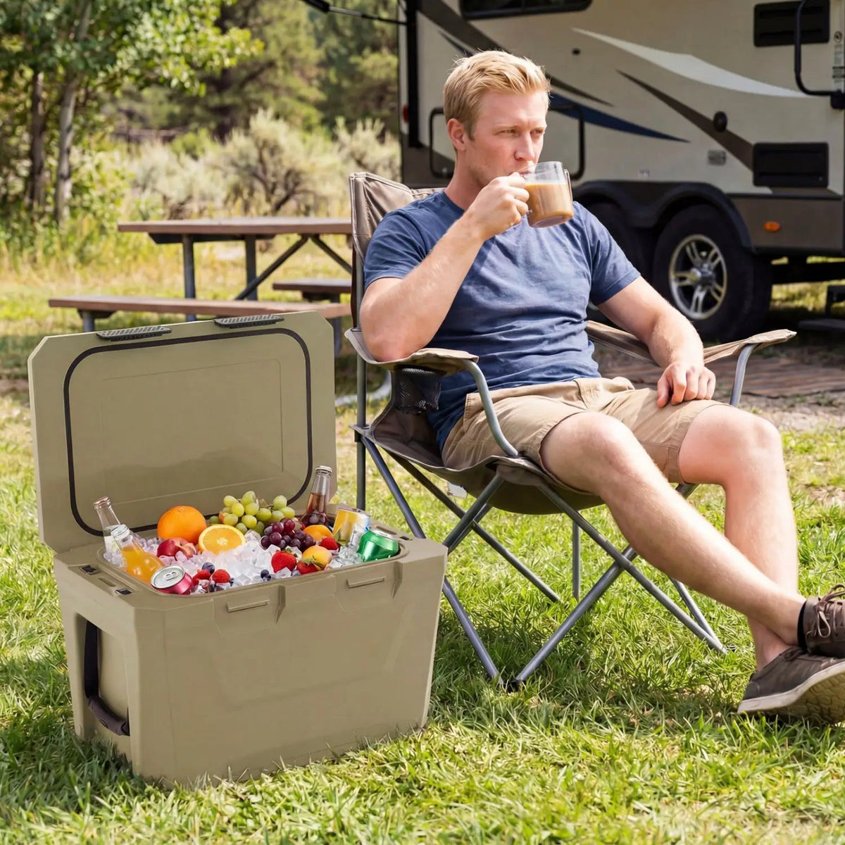 Insulated Portable Cooler Hard Shell Ice Chest with 2 Cup Holders Bottle Opener and Drain Plug by DirectDeals