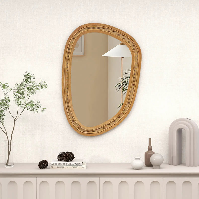 33 Inches x 23.5 Inches Irregular PVC Rattan Wall Mirror with Wooden Frame-Natural by DirectDeals