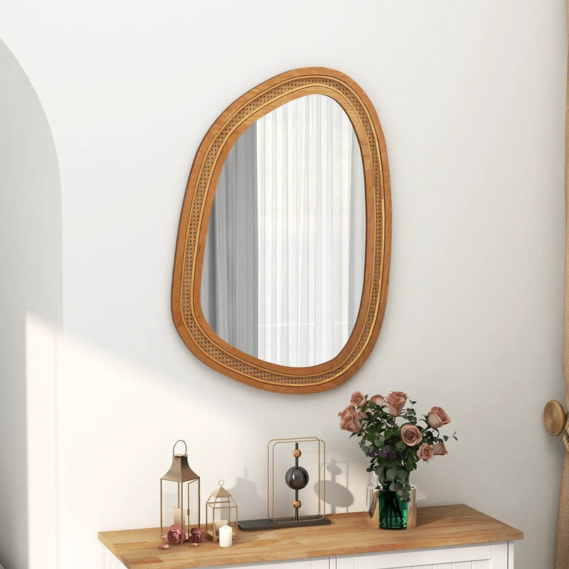 33 Inches x 23.5 Inches Irregular PVC Rattan Wall Mirror with Wooden Frame-Natural by DirectDeals