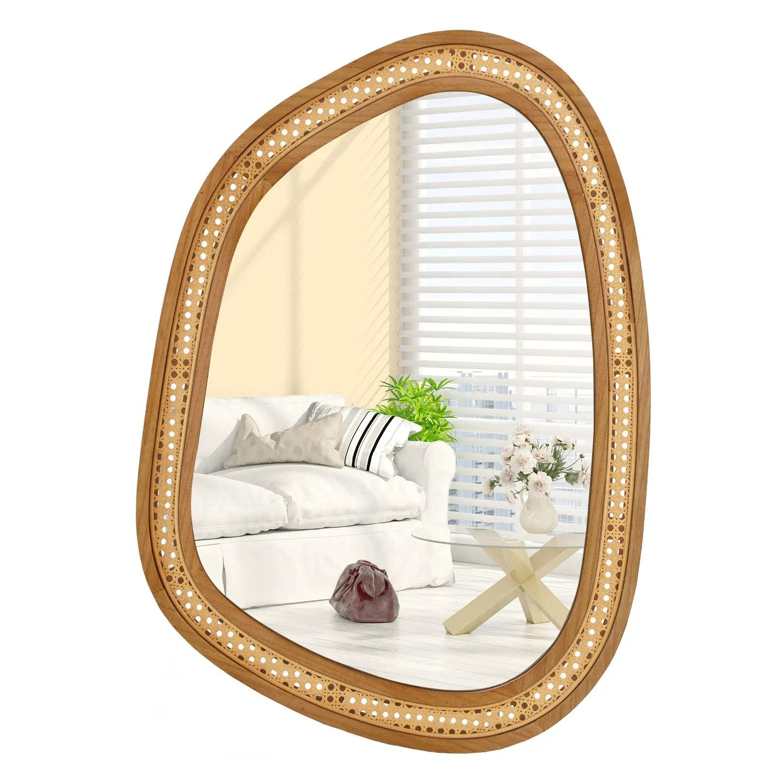 33 Inches x 23.5 Inches Irregular PVC Rattan Wall Mirror with Wooden Frame-Natural by DirectDeals