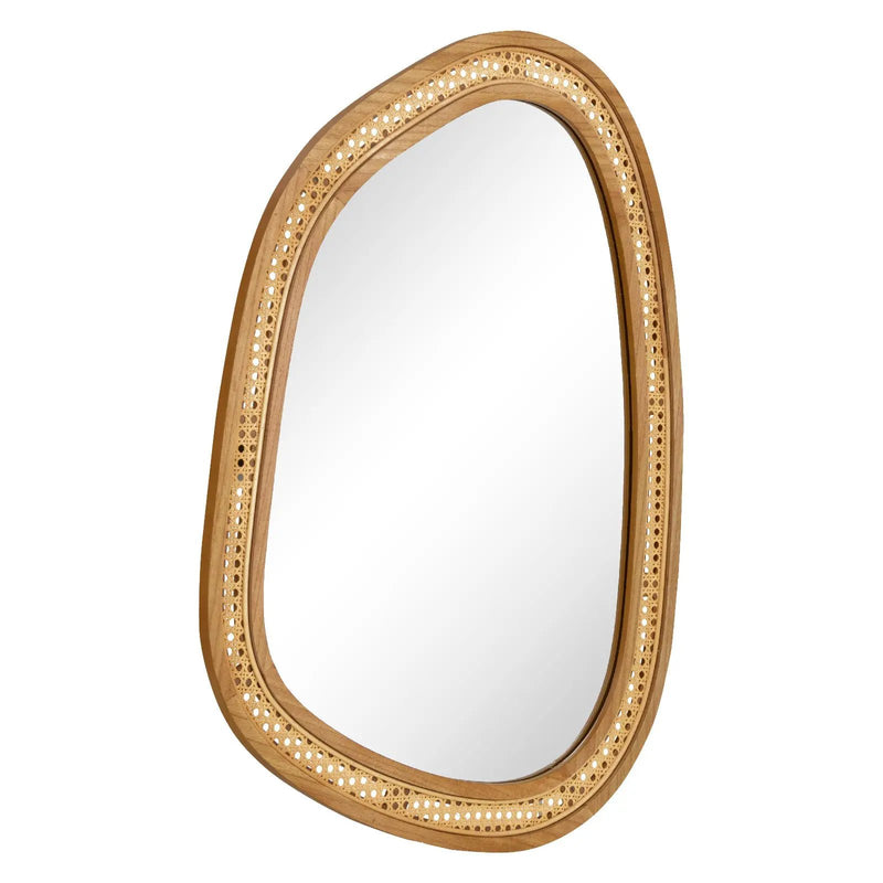 33 Inches x 23.5 Inches Irregular PVC Rattan Wall Mirror with Wooden Frame-Natural by DirectDeals