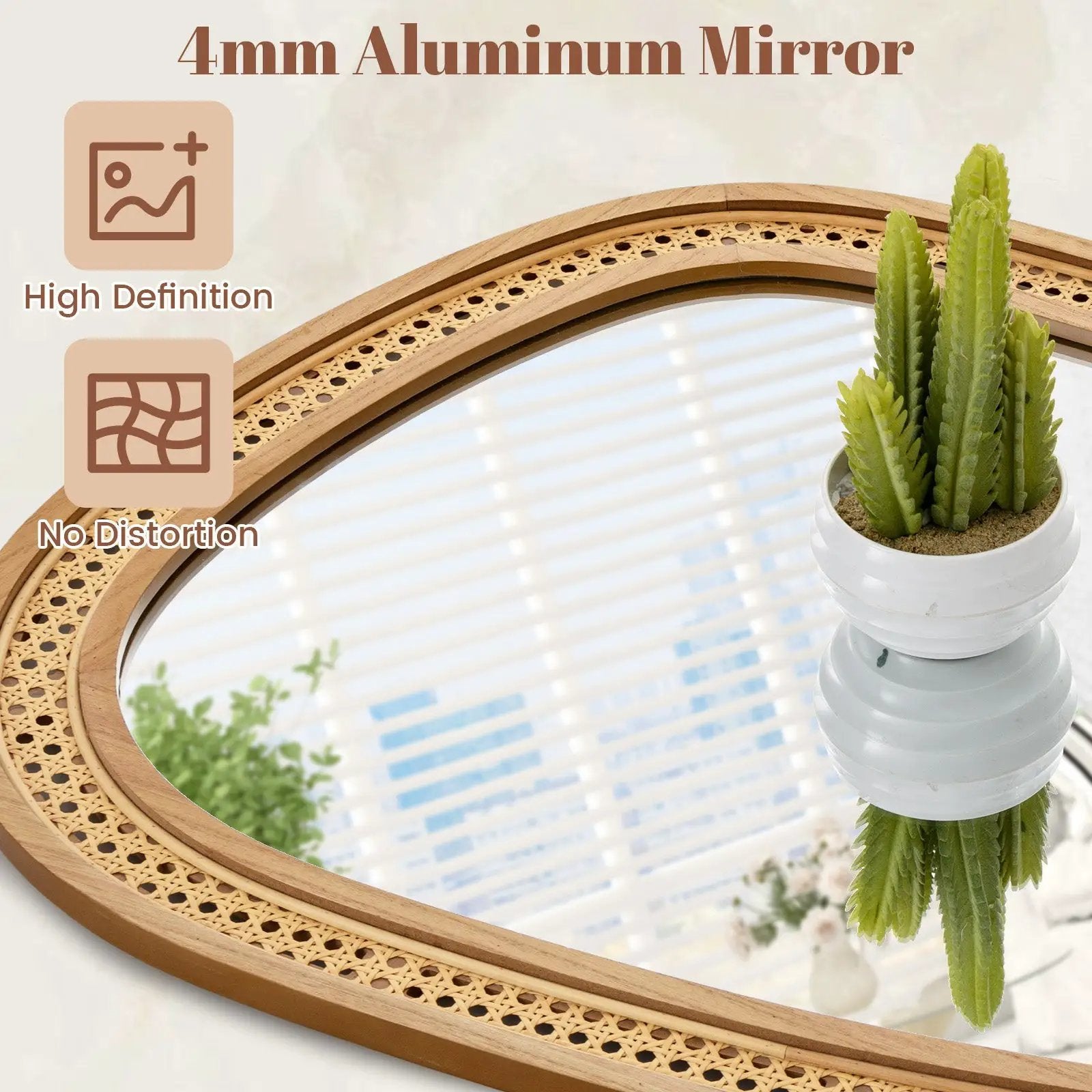 33 Inches x 23.5 Inches Irregular PVC Rattan Wall Mirror with Wooden Frame-Natural by DirectDeals