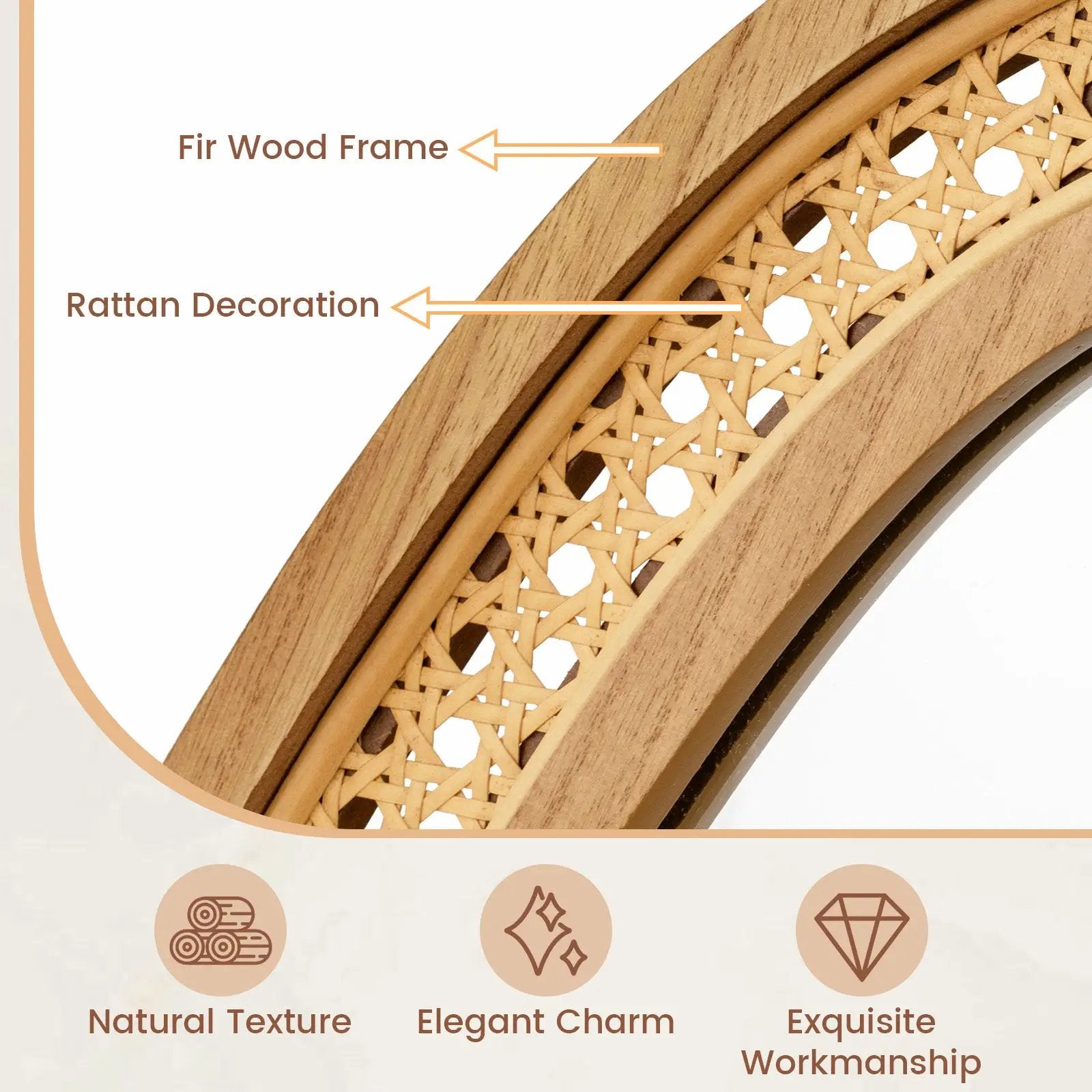 33 Inches x 23.5 Inches Irregular PVC Rattan Wall Mirror with Wooden Frame-Natural by DirectDeals