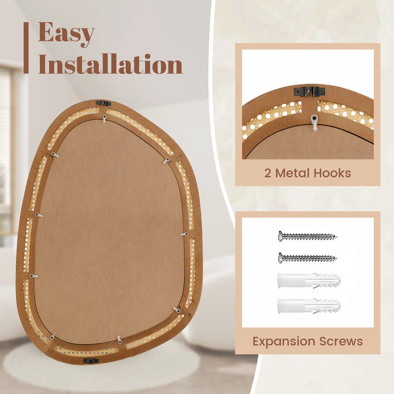 33 Inches x 23.5 Inches Irregular PVC Rattan Wall Mirror with Wooden Frame-Natural by DirectDeals