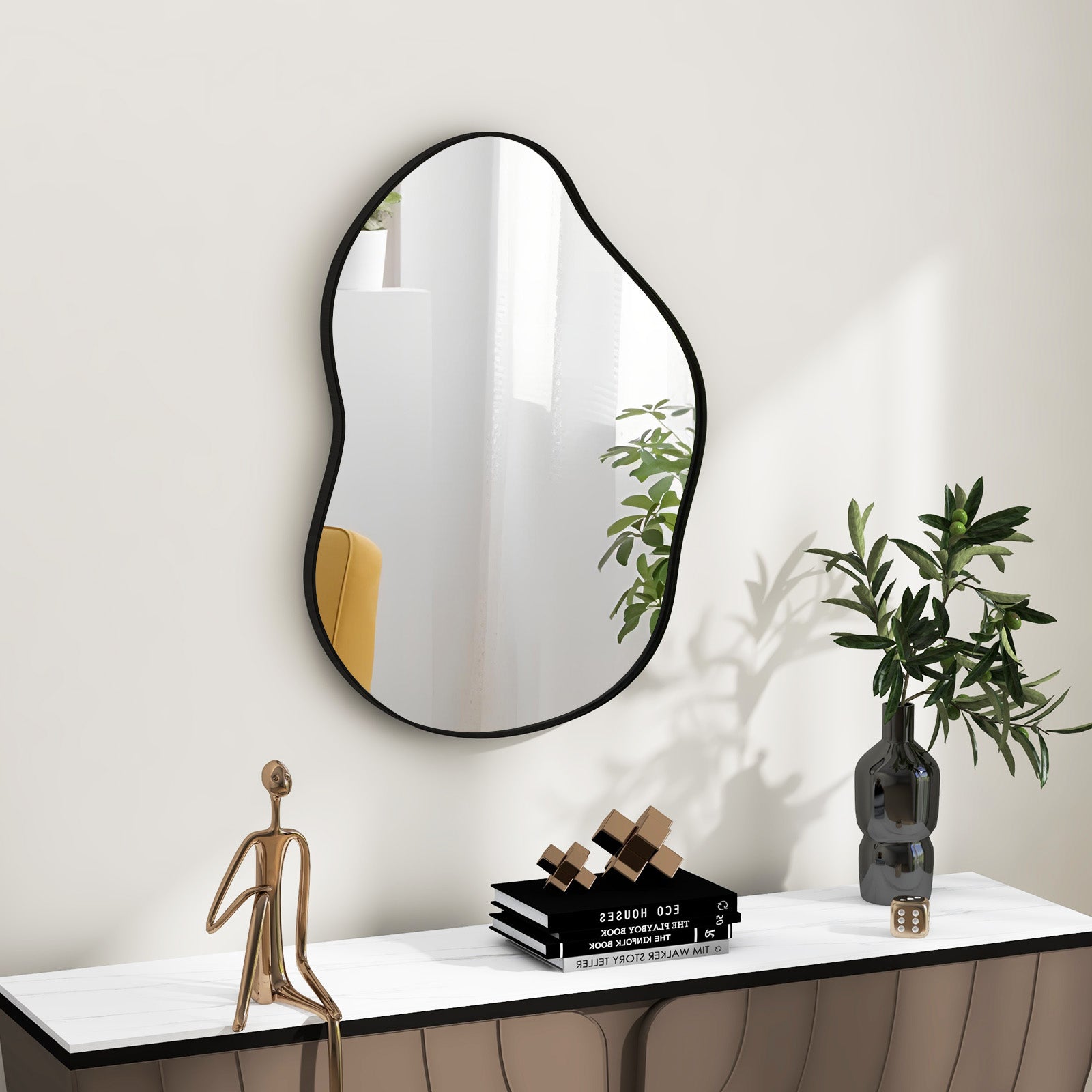 22 Inch x 30.5 Inch Irregular Wall Mounted Mirror with Premium Back Board-Black by DirectDeals