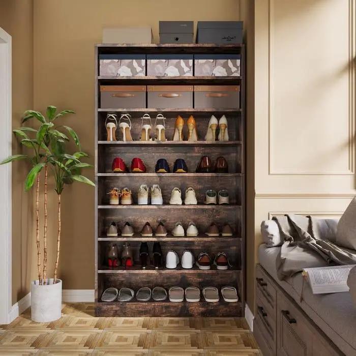 8-Shelf Shoe Rack for Closet Storage Shelving Unit in Rustic Brown Wood Finish by HomePacific