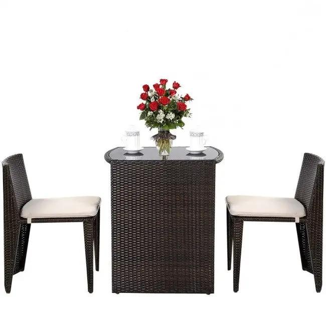 3 Piece Compact Espresso/White Wicker Patio Cushioned Outdoor Chair Table Set by HomePacific