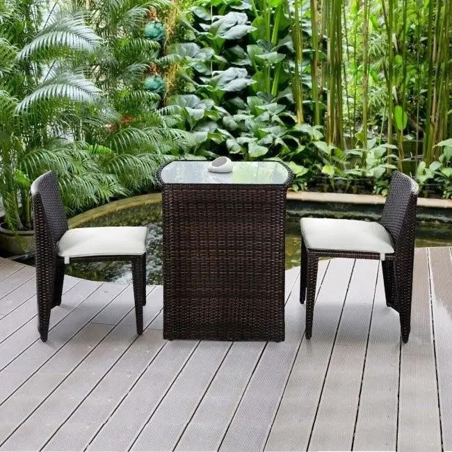 3 Piece Compact Espresso/White Wicker Patio Cushioned Outdoor Chair Table Set by HomePacific