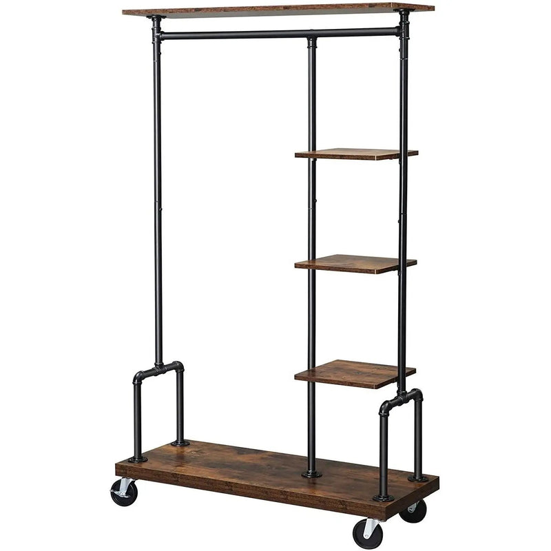 Farmhouse 5 Tier Laundry Pipe Garment Closet Rack Wheels by HomePacific