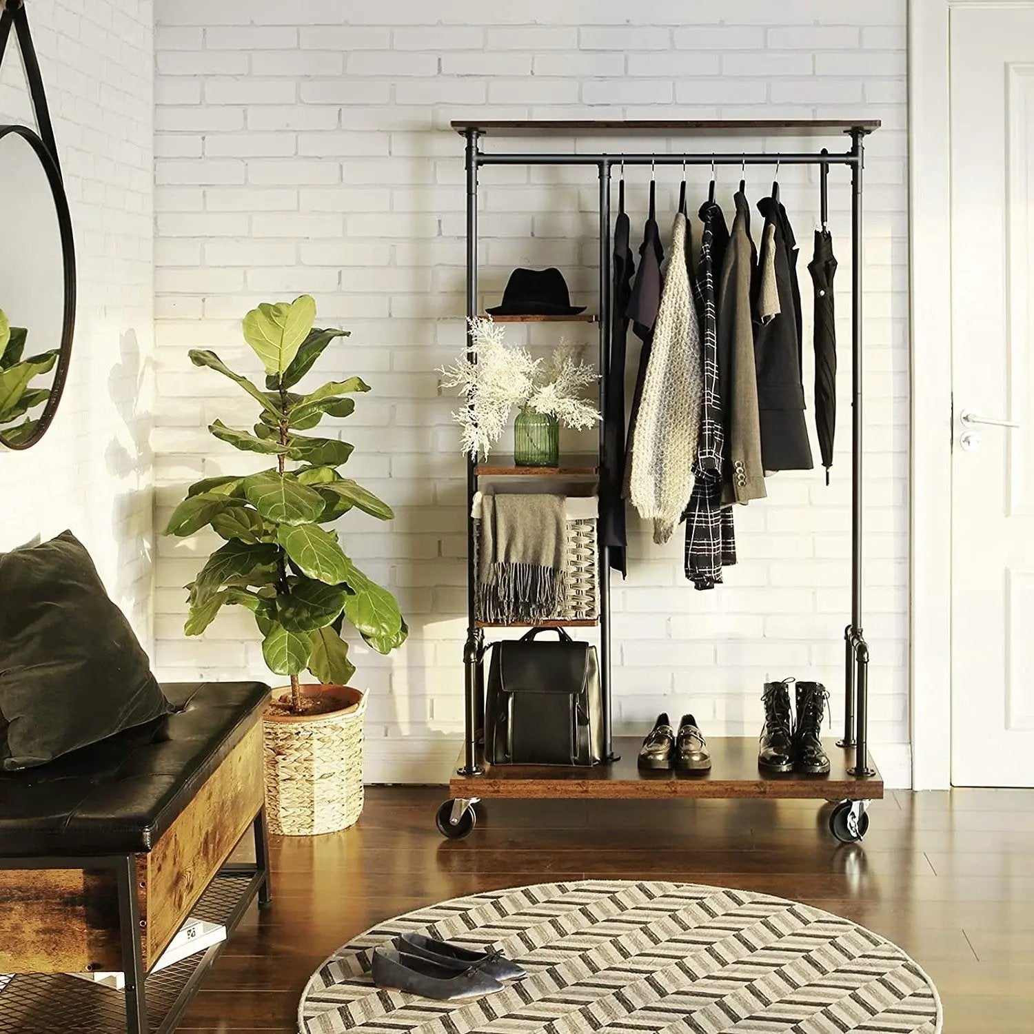 Farmhouse 5 Tier Laundry Pipe Garment Closet Rack Wheels by HomePacific
