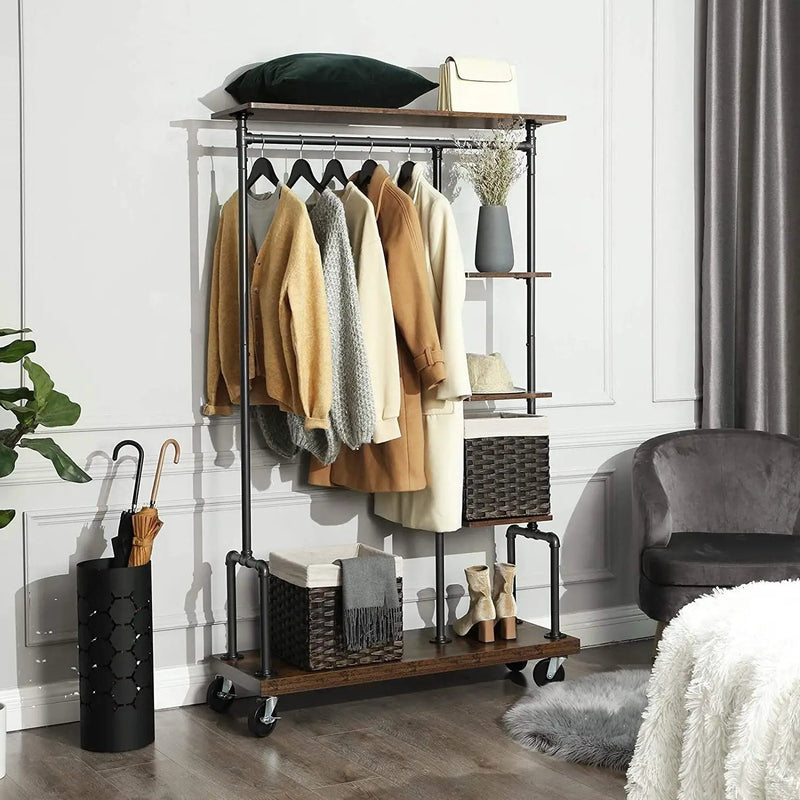 Farmhouse 5 Tier Laundry Pipe Garment Closet Rack Wheels by HomePacific
