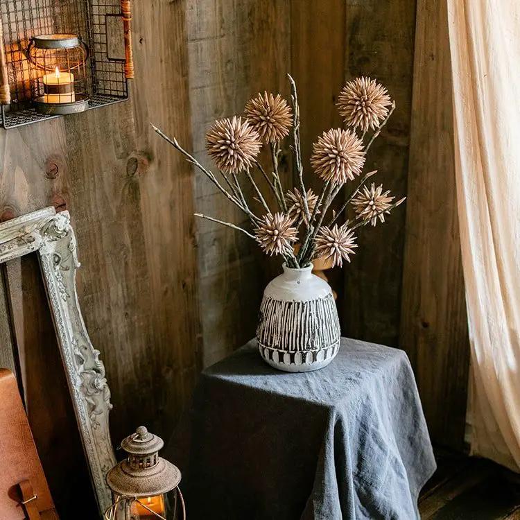 Round Camel Color Ball Flower on Twig Stem 34" Tall by RusticReach