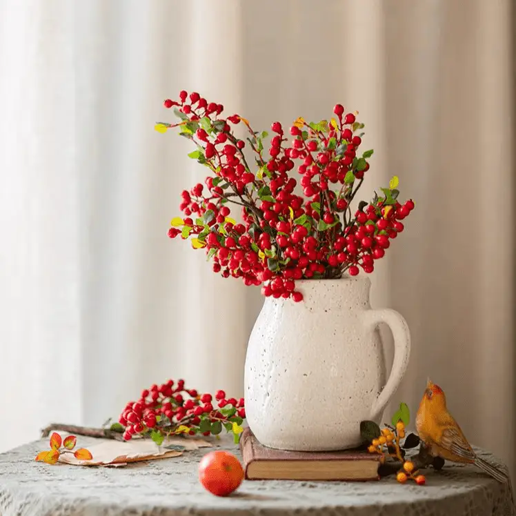 Artificial Fruit Berry Stem in Red 17" Tall Silk Plant by RusticReach