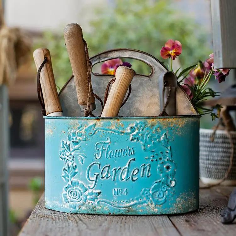 Blue Metal Basket Tool Organizer Flower Garden by RusticReach
