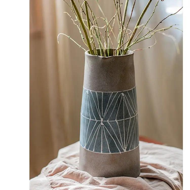 Gray Blue Handpainted Terracotta Table Vase by RusticReach