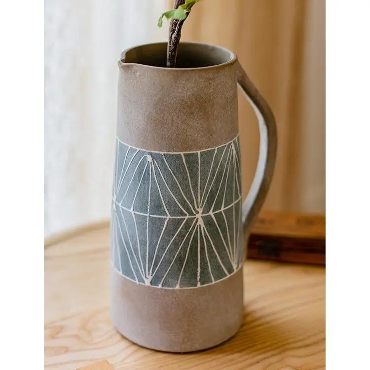 Gray Blue Handpainted Terracotta Table Vase by RusticReach