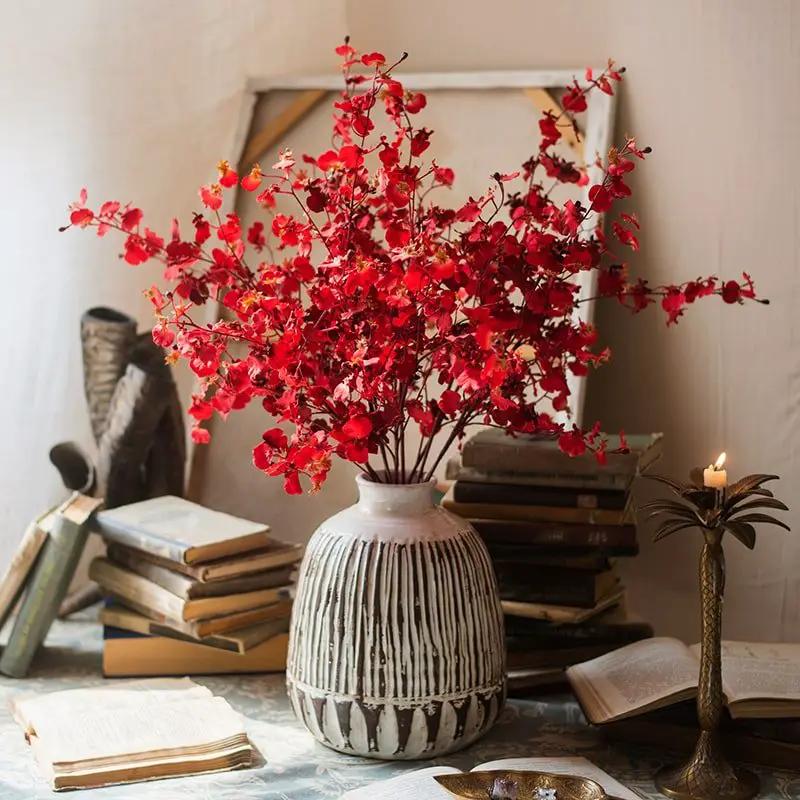 Impressionist Oncidium Orchid Stem in Red 31" Tall by RusticReach