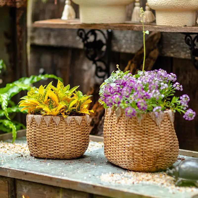 Lady Straw Basket Cement Planter by RusticReach