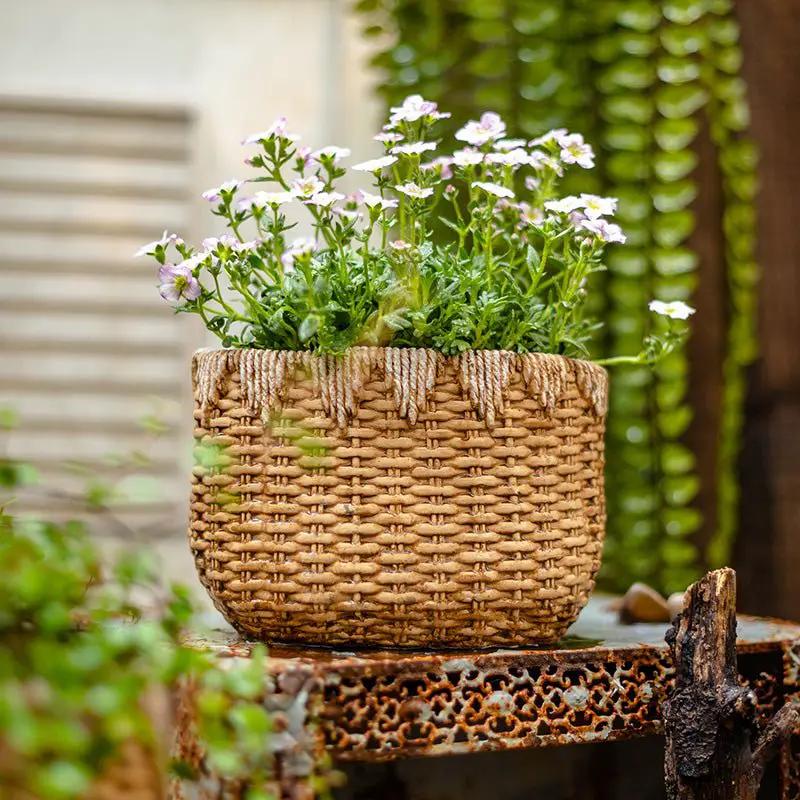 Lady Straw Basket Cement Planter by RusticReach